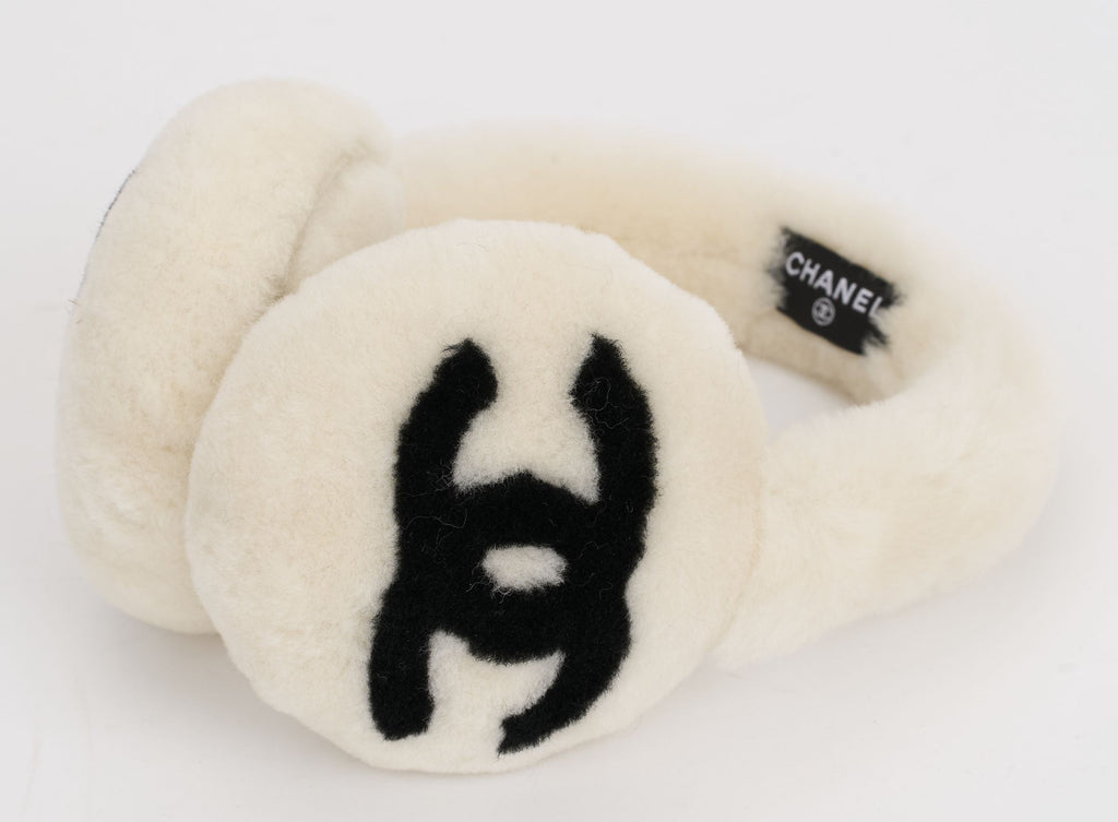 Chanel New Off White Fur Logo Earmuffs