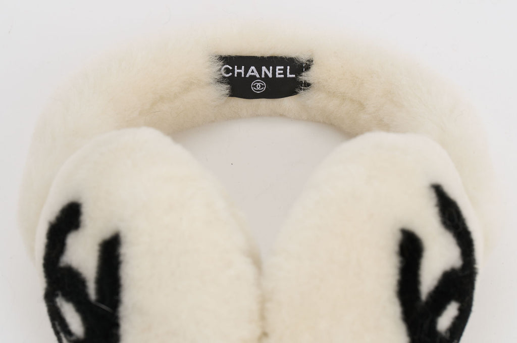 Chanel New Off White Fur Logo Earmuffs