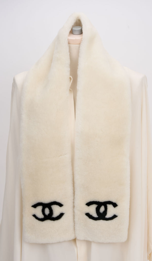 Chanel Off White Shearling Logo Scarf