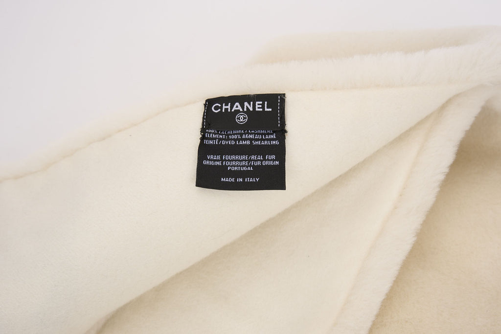 Chanel Off White Shearling Logo Scarf