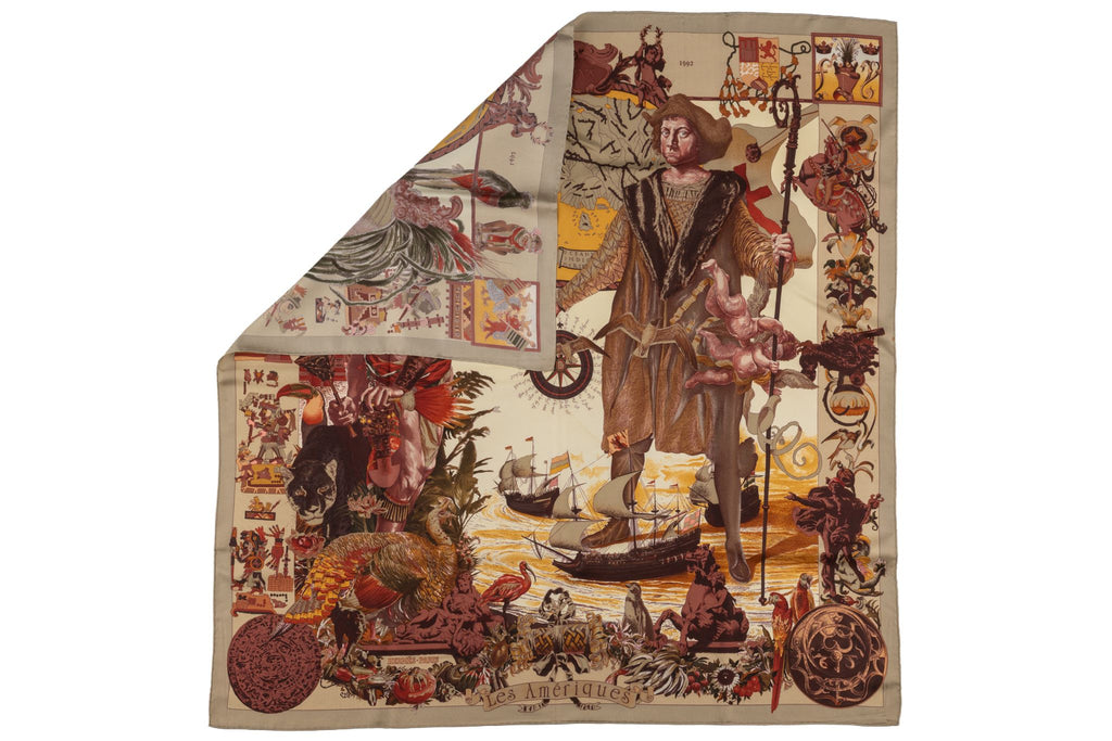 Hermès "Colombus" Taupe Silk Scarf