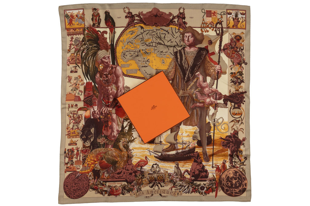 Hermès "Colombus" Taupe Silk Scarf