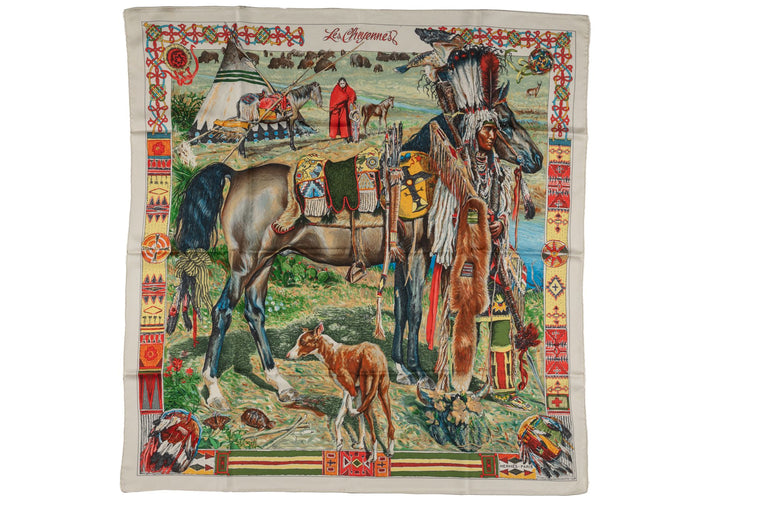 Hermès "Les Cheyennes" Cream Silk Scarf