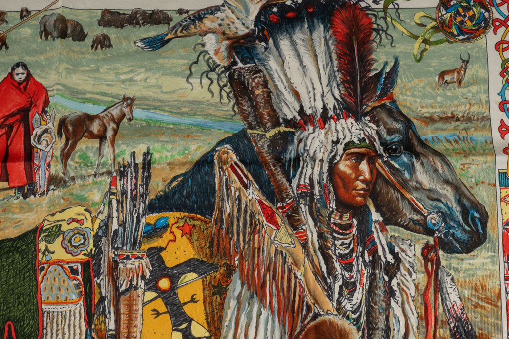 Hermès "Les Cheyennes" Cream Silk Scarf