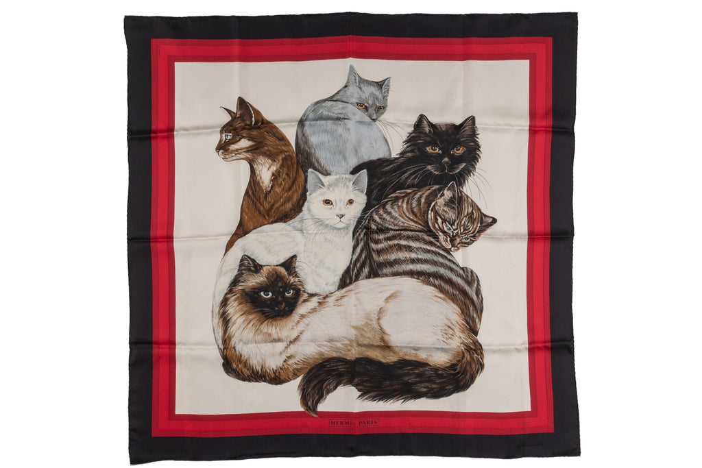 Hermès "Les Chats" Black Red Silk Scarf