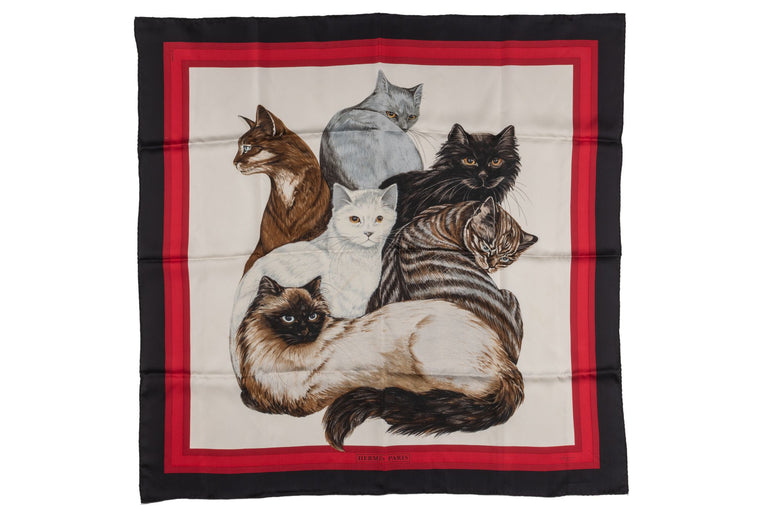 Hermès "Les Chats" Black Red Silk Scarf