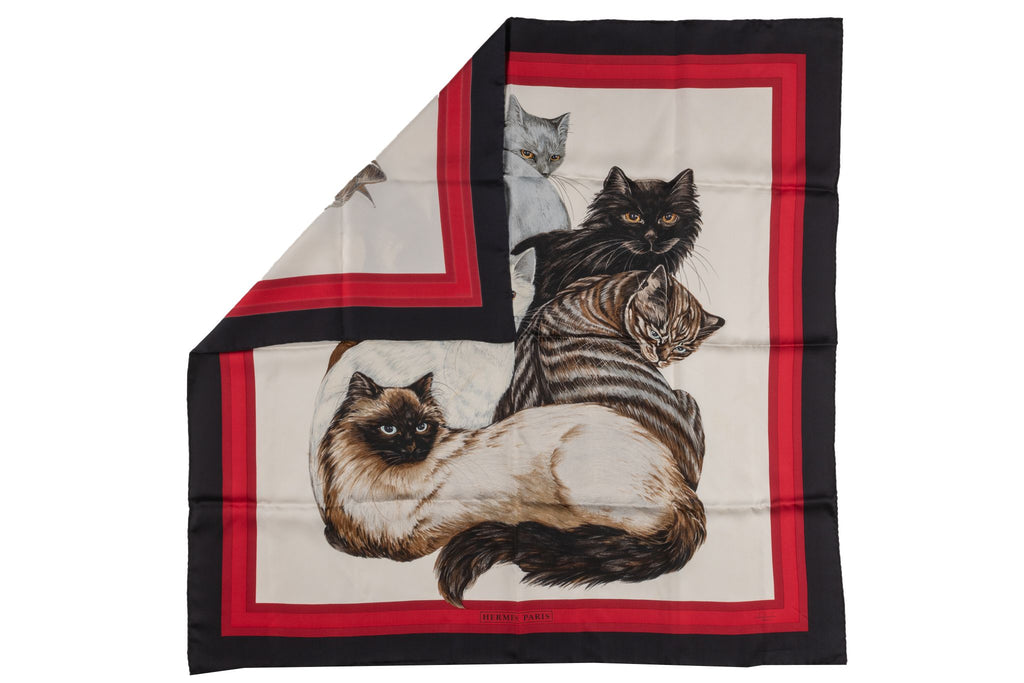 Hermès "Les Chats" Black Red Silk Scarf