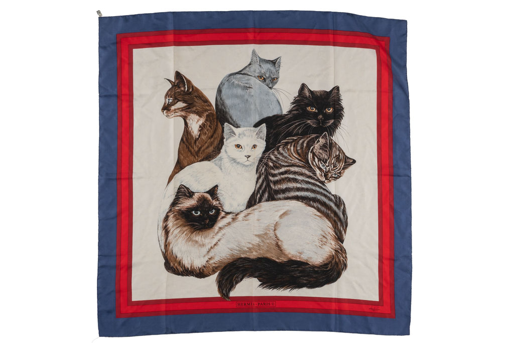 Hermès "Les Chats" Red Blue Silk Scarf