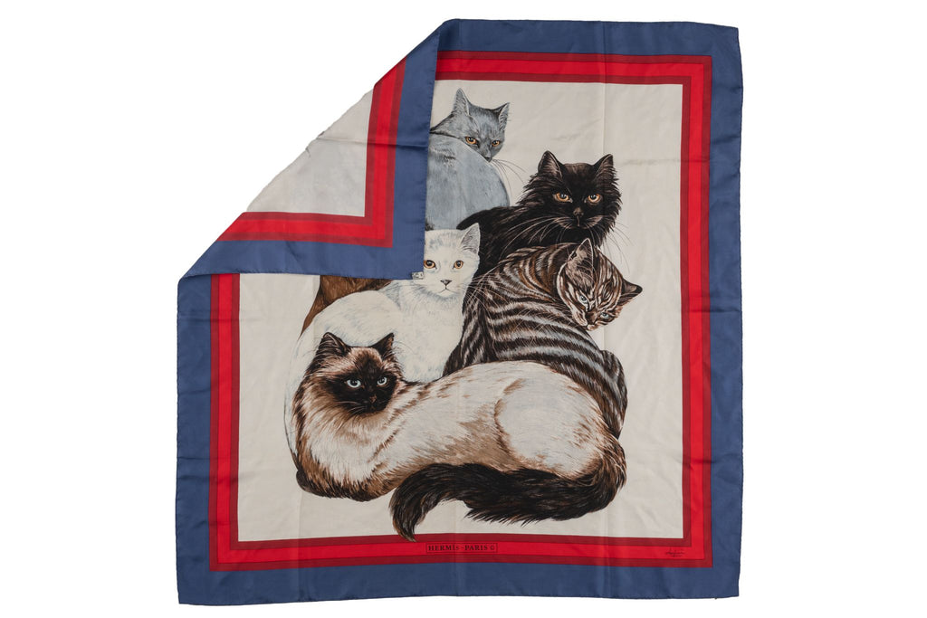 Hermès "Les Chats" Red Blue Silk Scarf