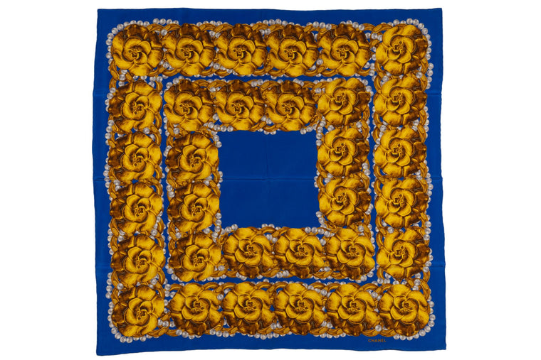 Chanel Vintage "Camellias" Blue Scarf