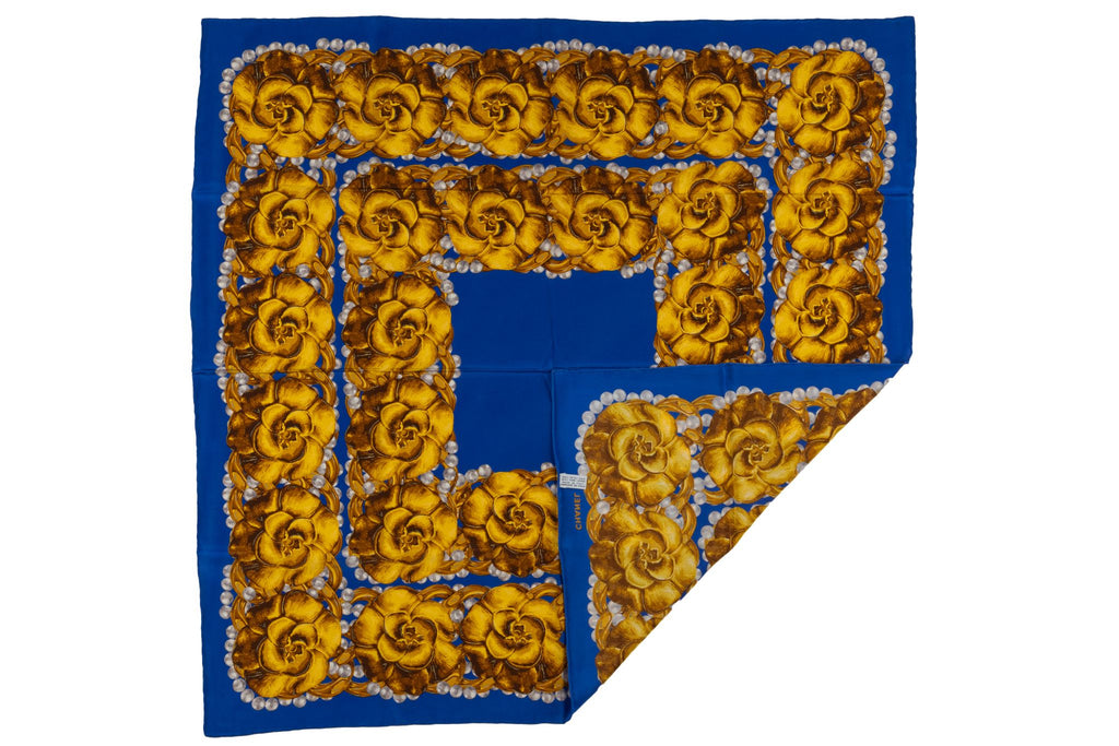 Chanel Vintage "Camellias" Blue Scarf