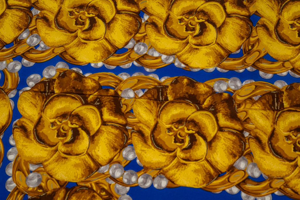 Chanel Vintage "Camellias" Blue Scarf