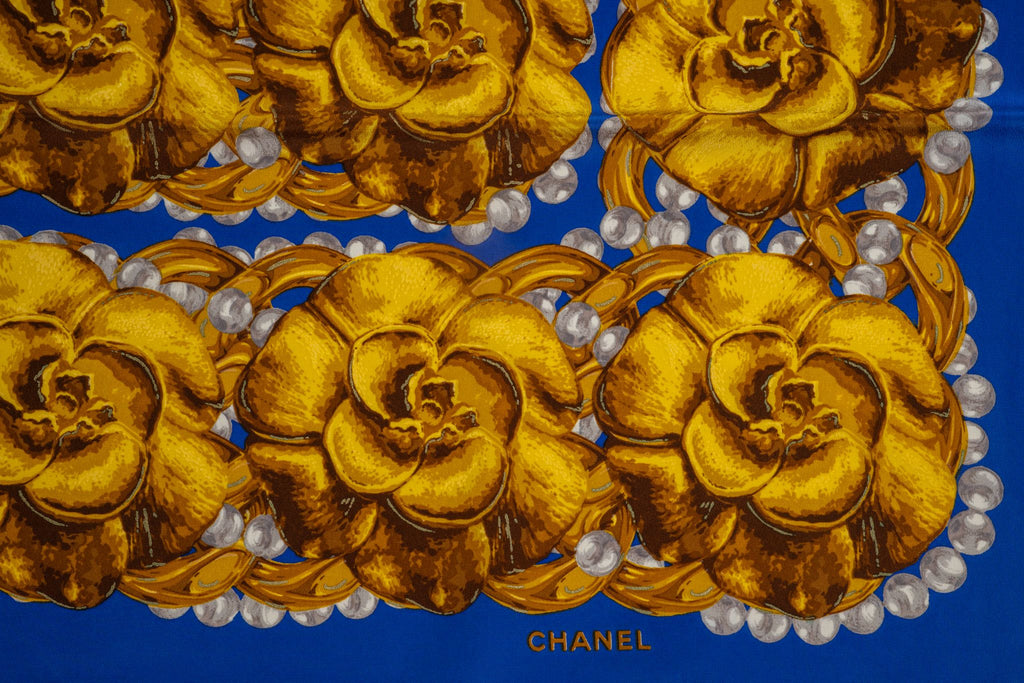Chanel Vintage "Camellias" Blue Scarf