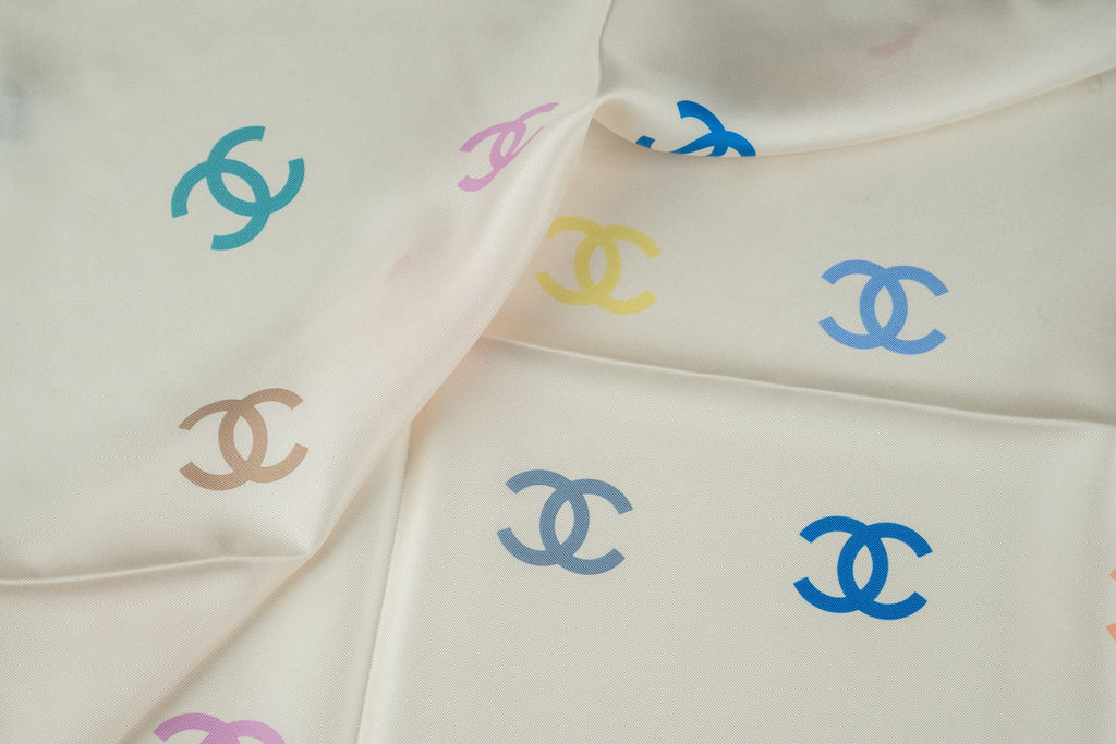 Chanel New Silk White CC Logo Scarf