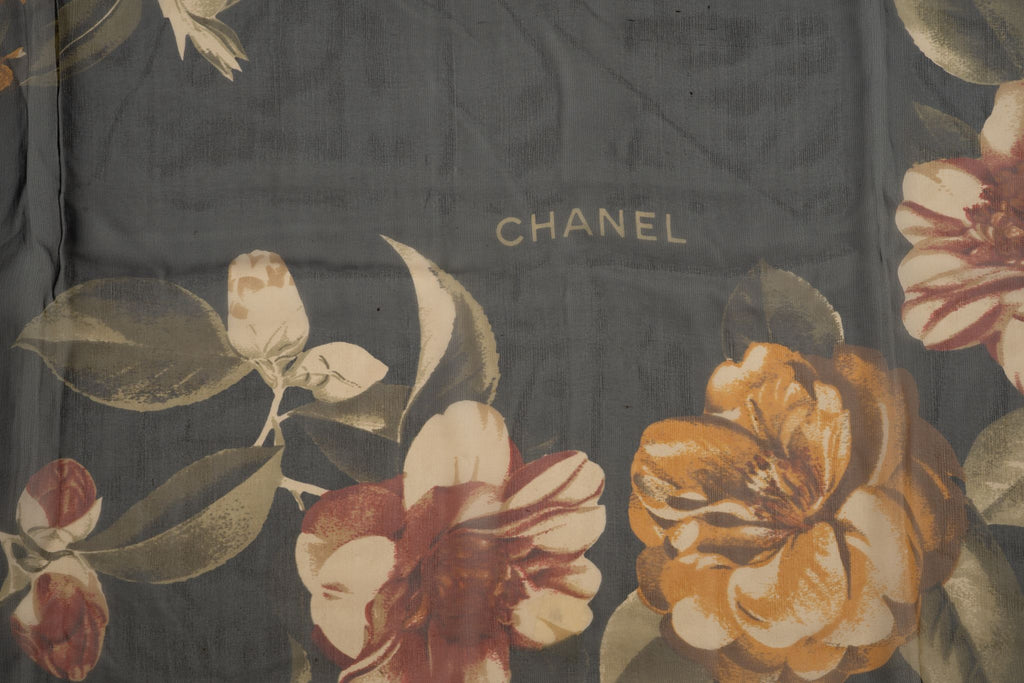 Chanel Black Floral Silk Chiffon Shawl