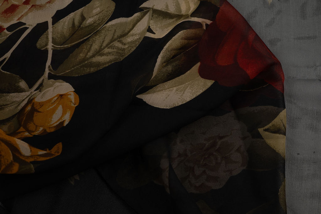 Chanel Black Floral Silk Chiffon Shawl