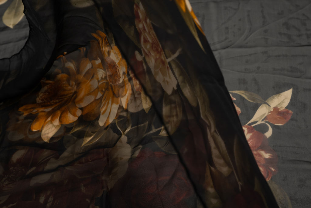 Chanel Black Floral Silk Chiffon Shawl