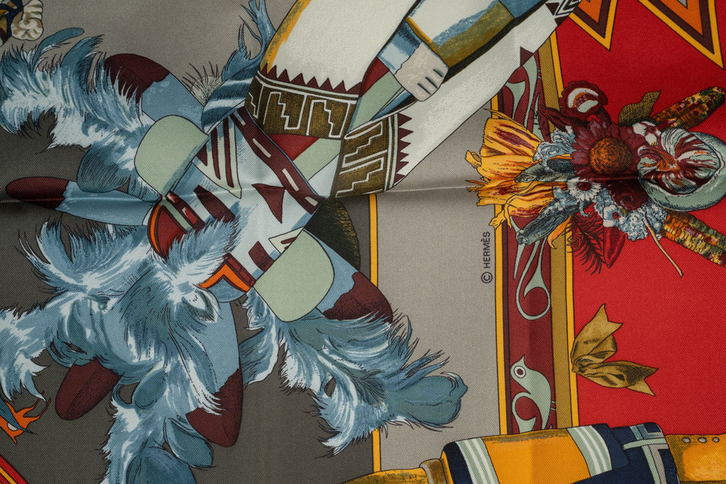 Hermès New Taupe Red Kachina Silk Scarf