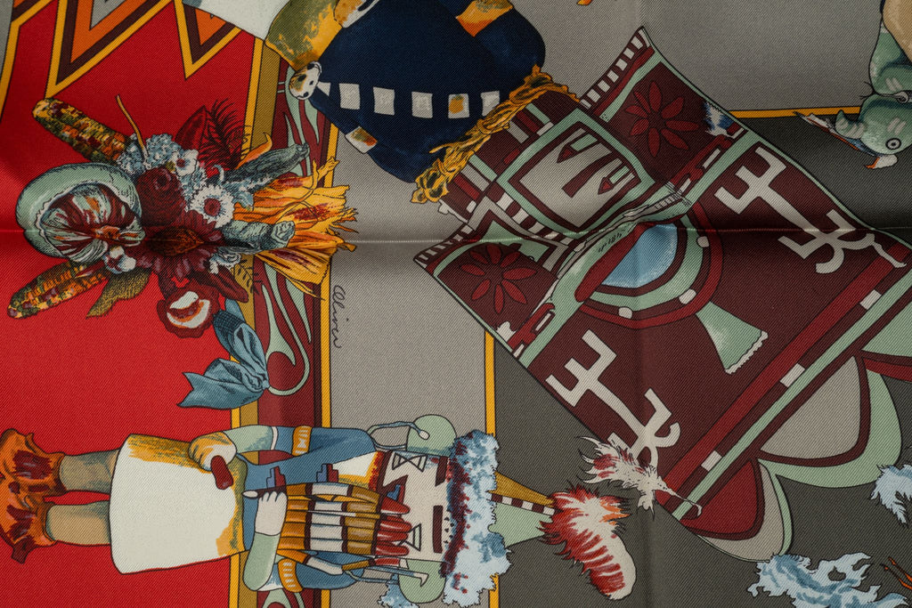 Hermès New Taupe Red Kachina Silk Scarf