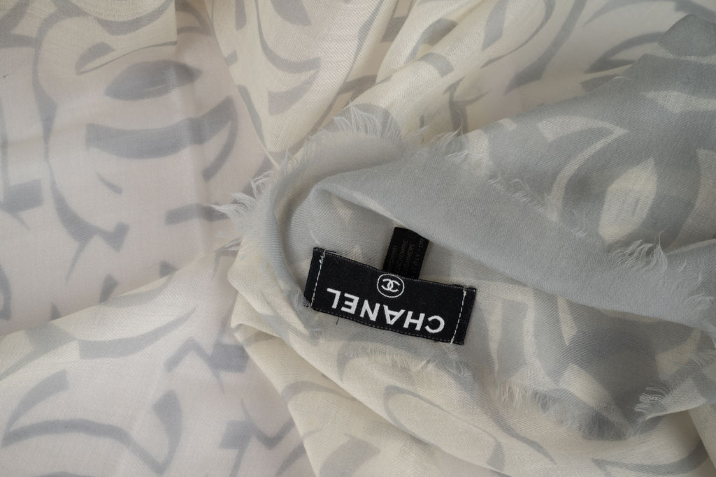 Chanel White Grey Logo CC Cashmere Shawl