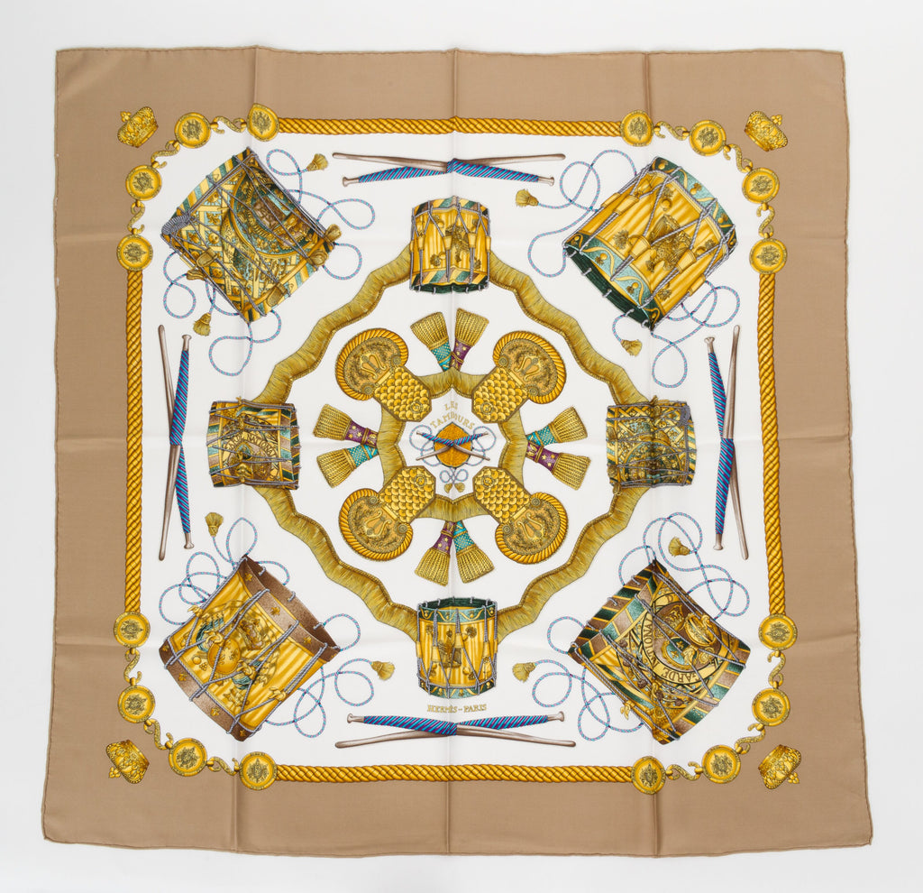 Hermes "Les Tambours" Etoupe Silk Scarf