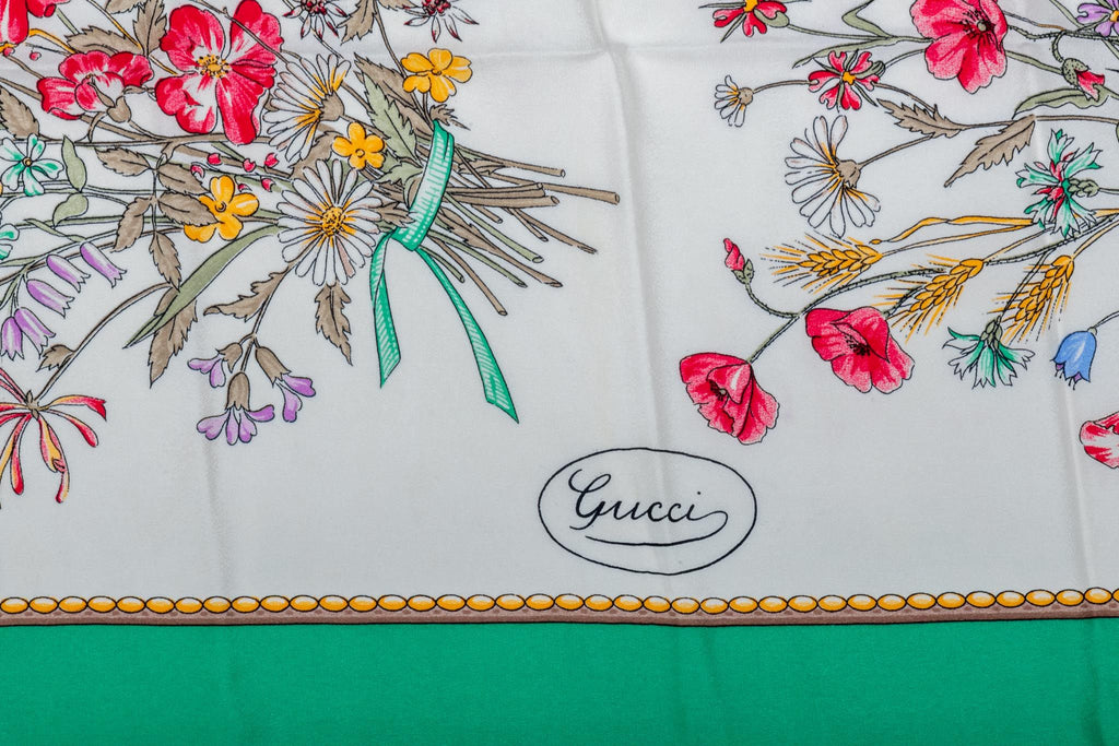 Gucci Green Rabbit Flowers Silk Scarf