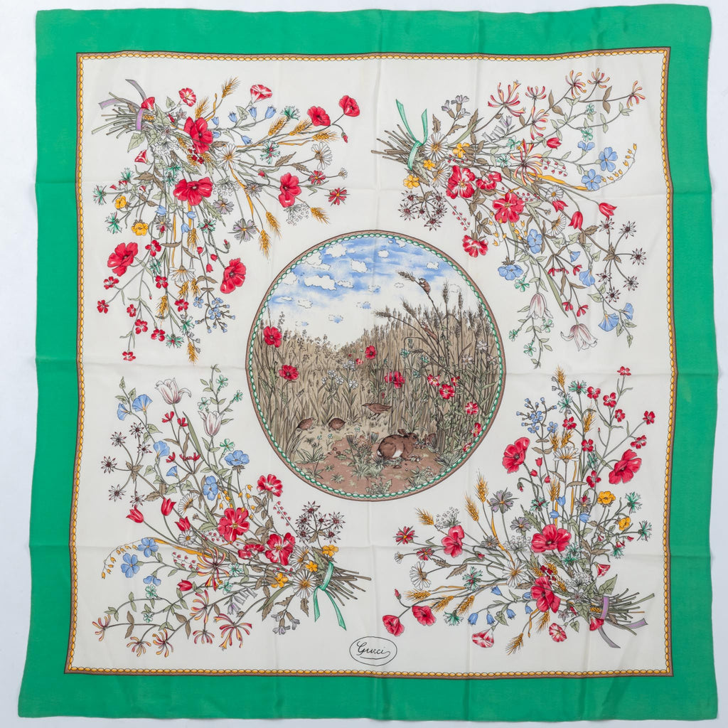 Gucci Green Rabbit Flowers Silk Scarf