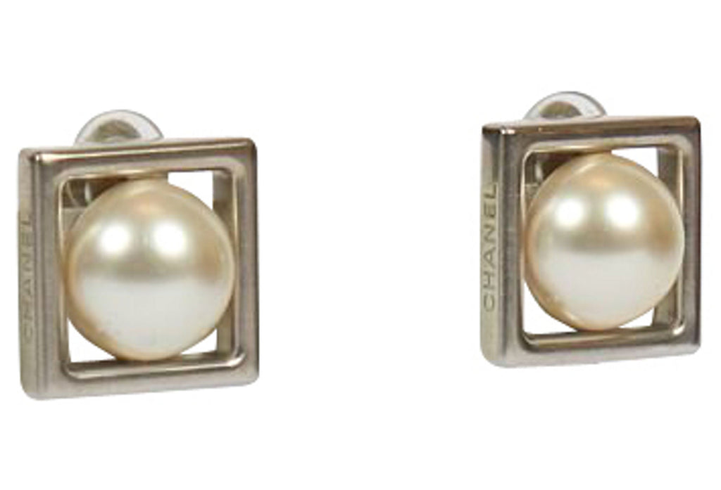 Chanel Silver & Pearl Square Earrings