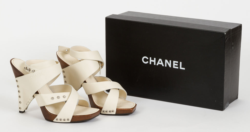 Chanel Cream Leather & Wood Sandals 37.5