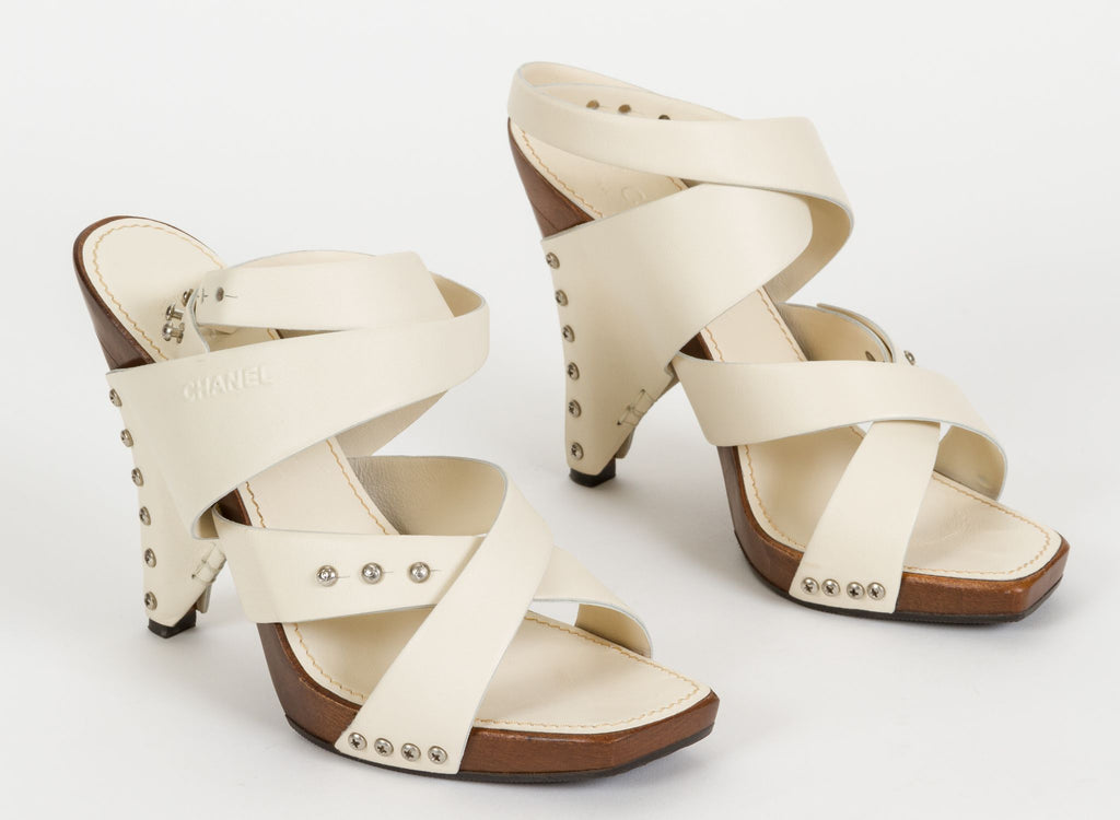 Chanel Cream Leather & Wood Sandals 37.5