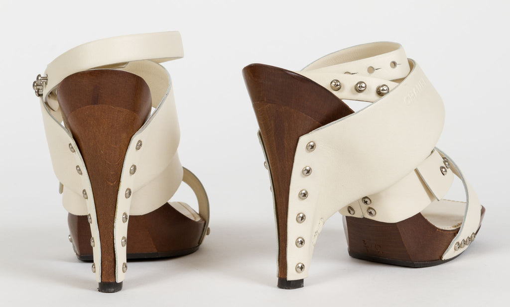 Chanel Cream Leather & Wood Sandals 37.5