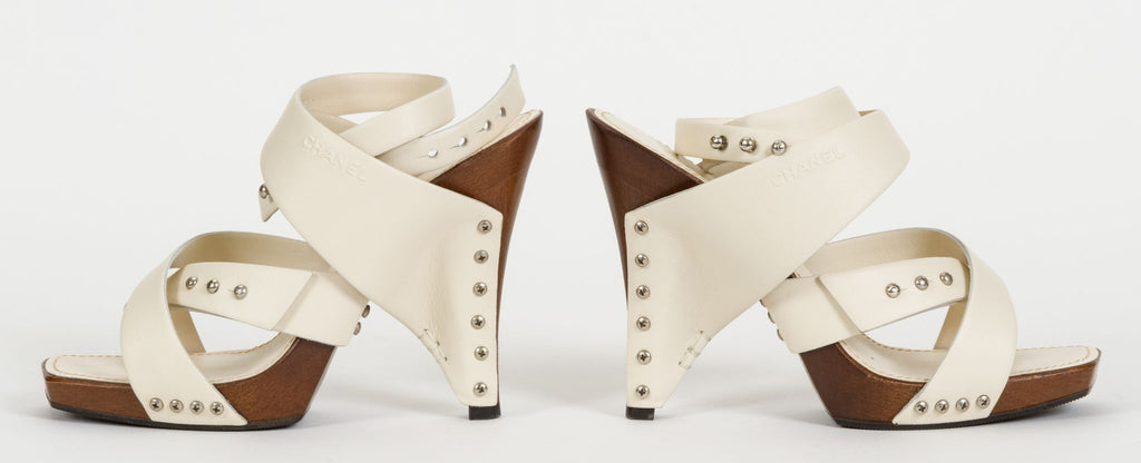Chanel Cream Leather & Wood Sandals 37.5