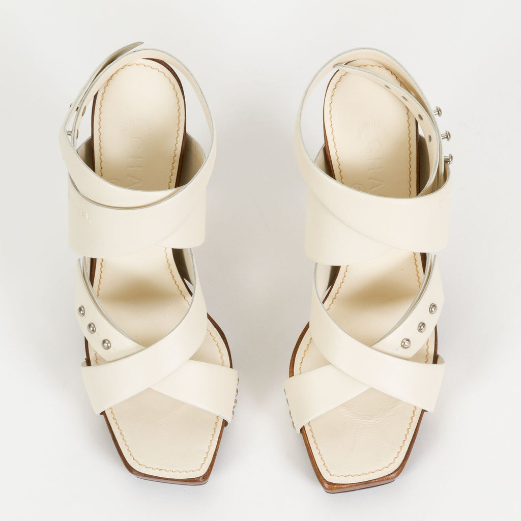 Chanel Cream Leather & Wood Sandals 37.5