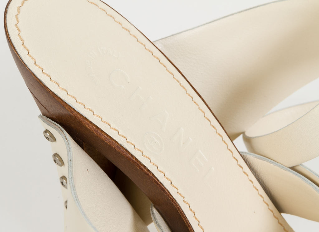 Chanel Cream Leather & Wood Sandals 37.5