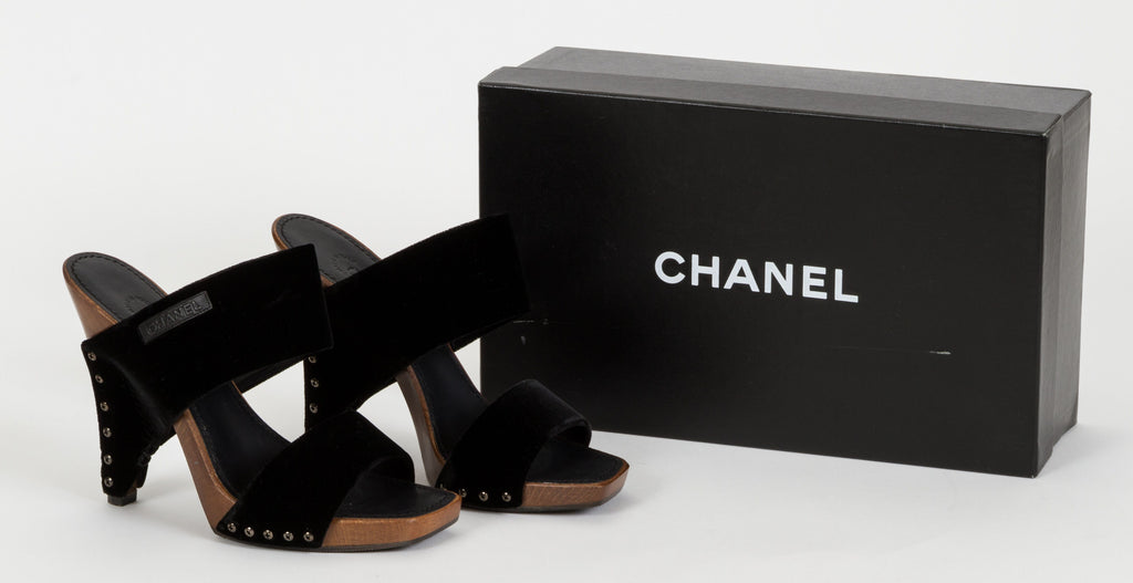 Chanel Black Velvet & Wood Sandals 37.5
