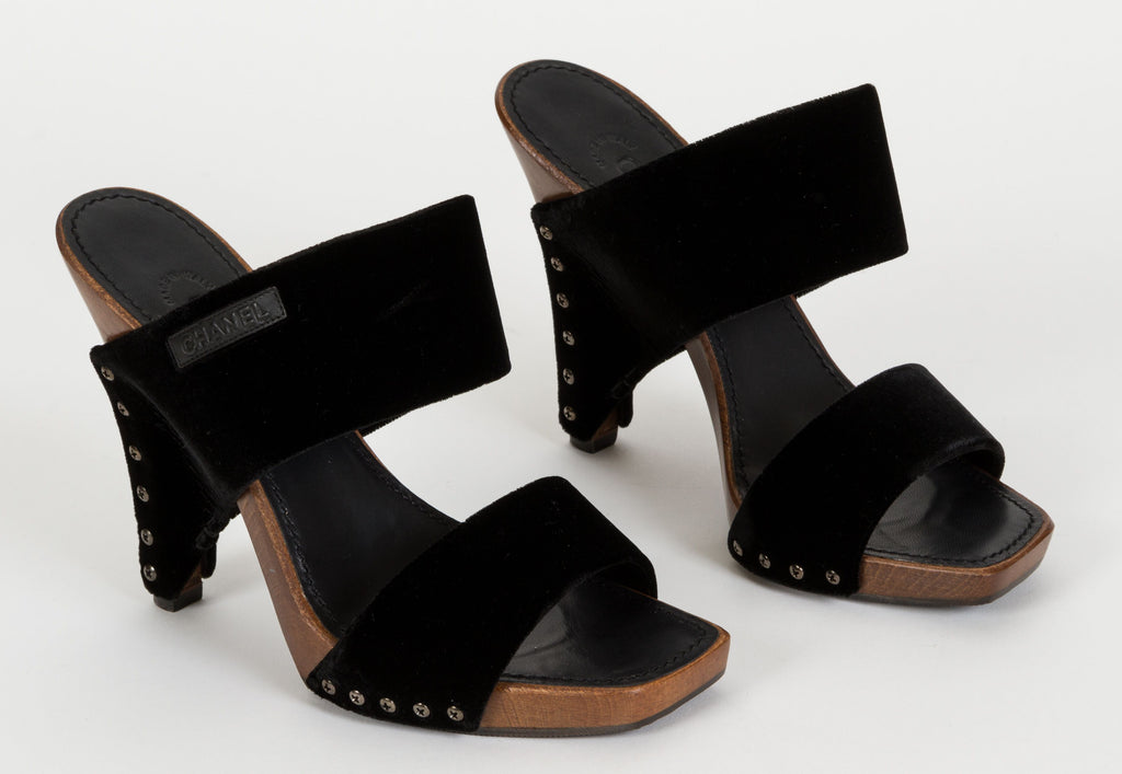 Chanel Black Velvet & Wood Sandals 37.5