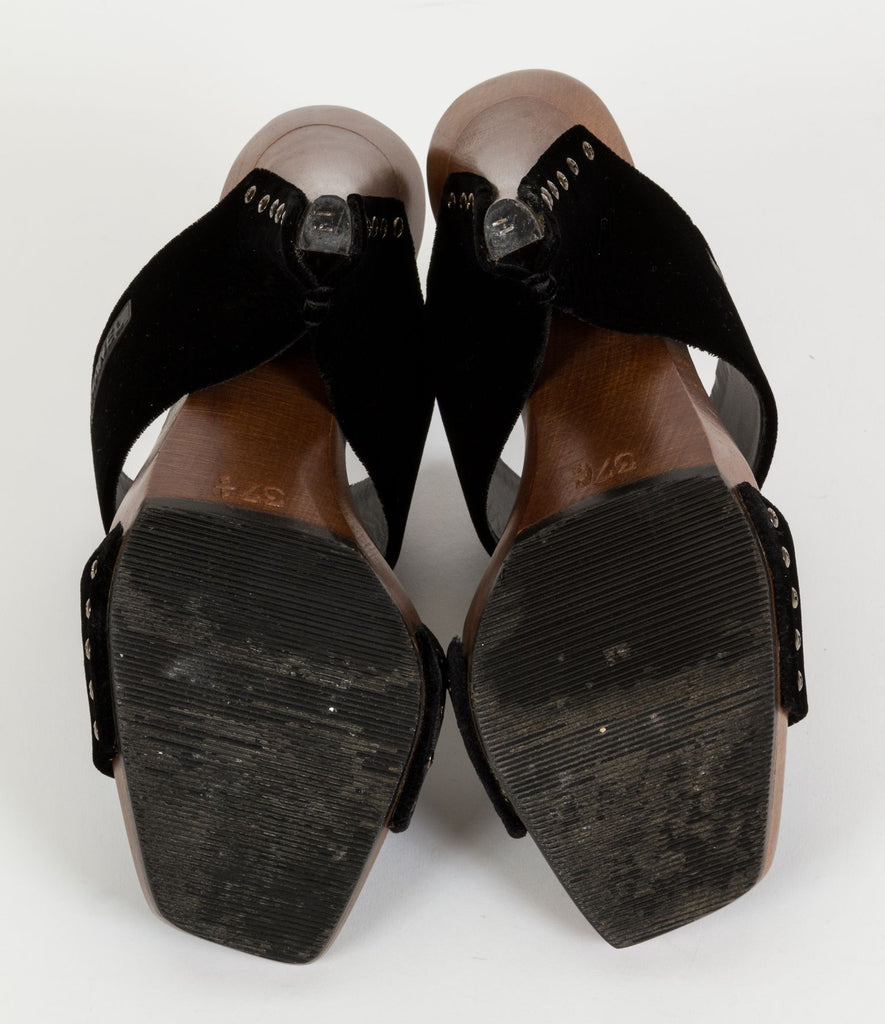 Chanel Black Velvet & Wood Sandals 37.5
