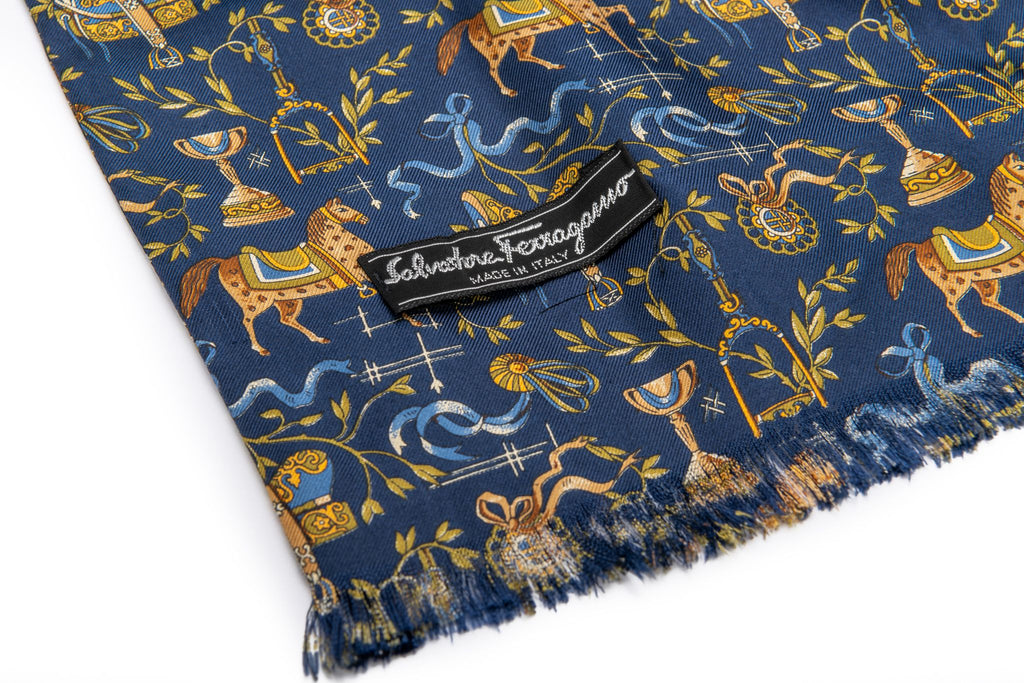Ferragamo Blue Silk Horses Scarf