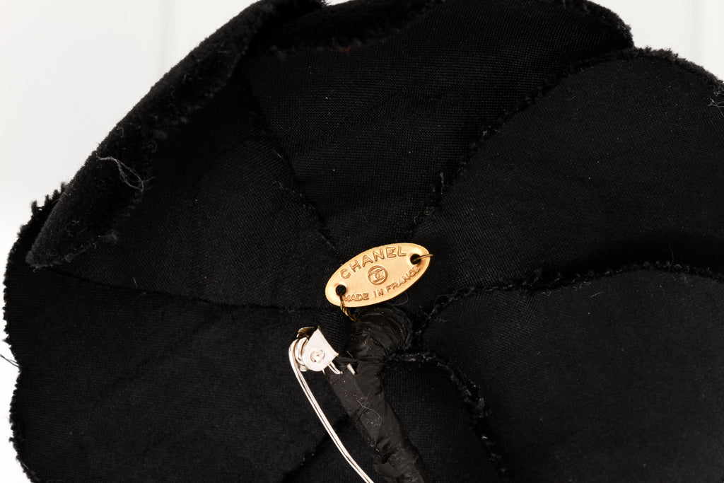 Chanel large black velvet camelia brooch