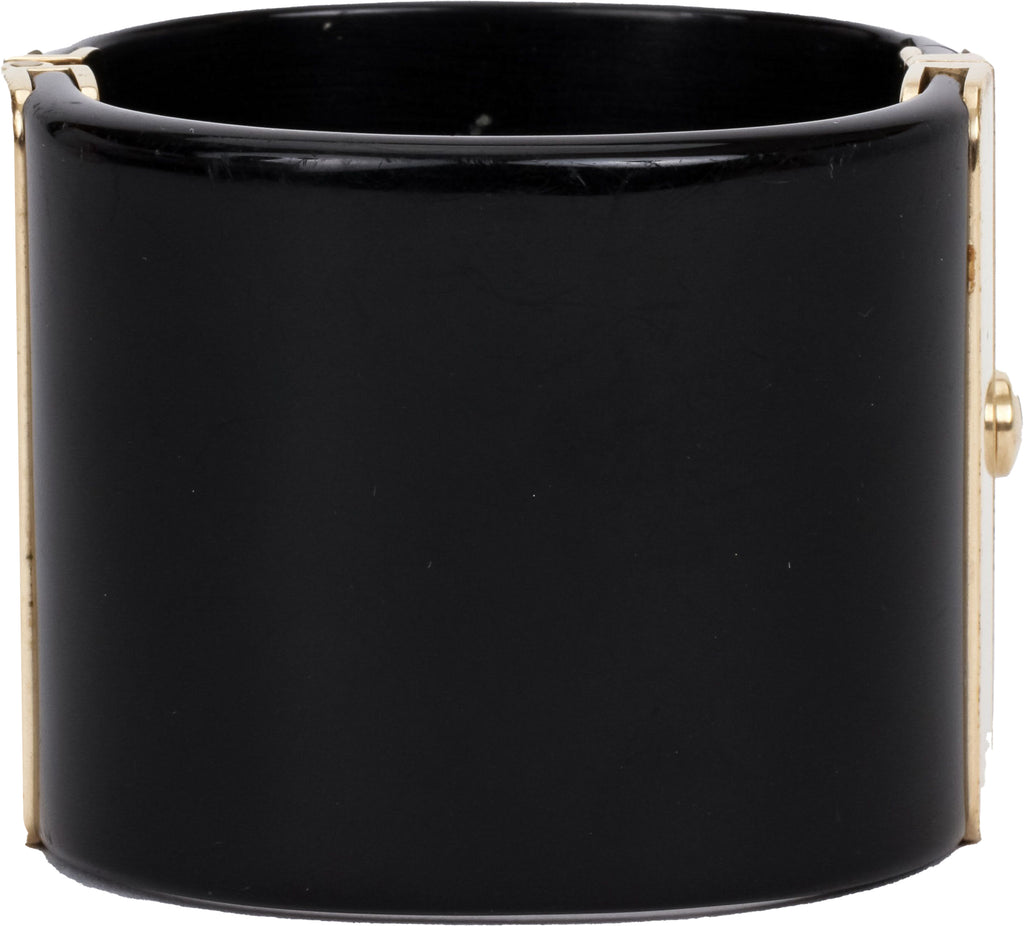 Chanel black lucite hinged oval cuff cc