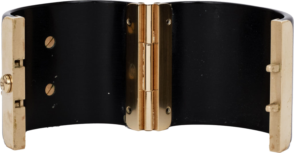 Chanel black lucite hinged oval cuff cc