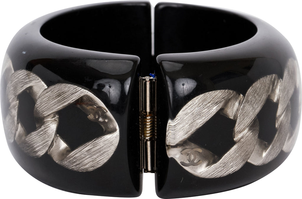 Chanel black lucite hinged inlay cuff