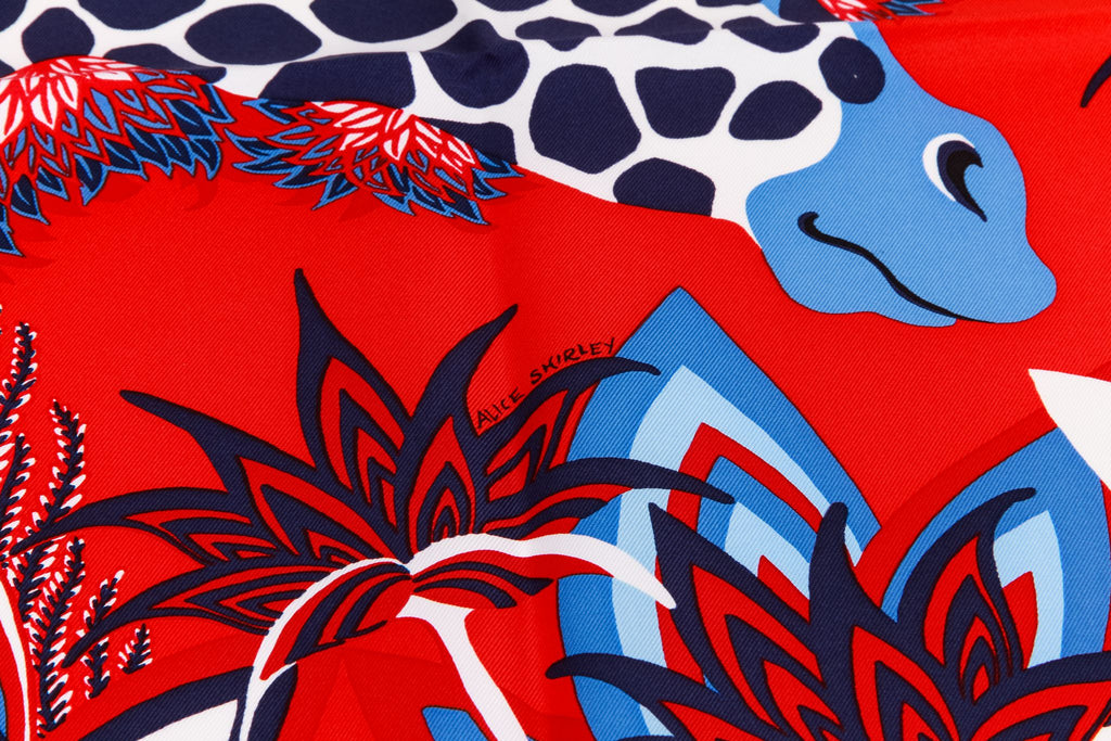 Hermès New Blue Red Giraffes Silk Scarf
