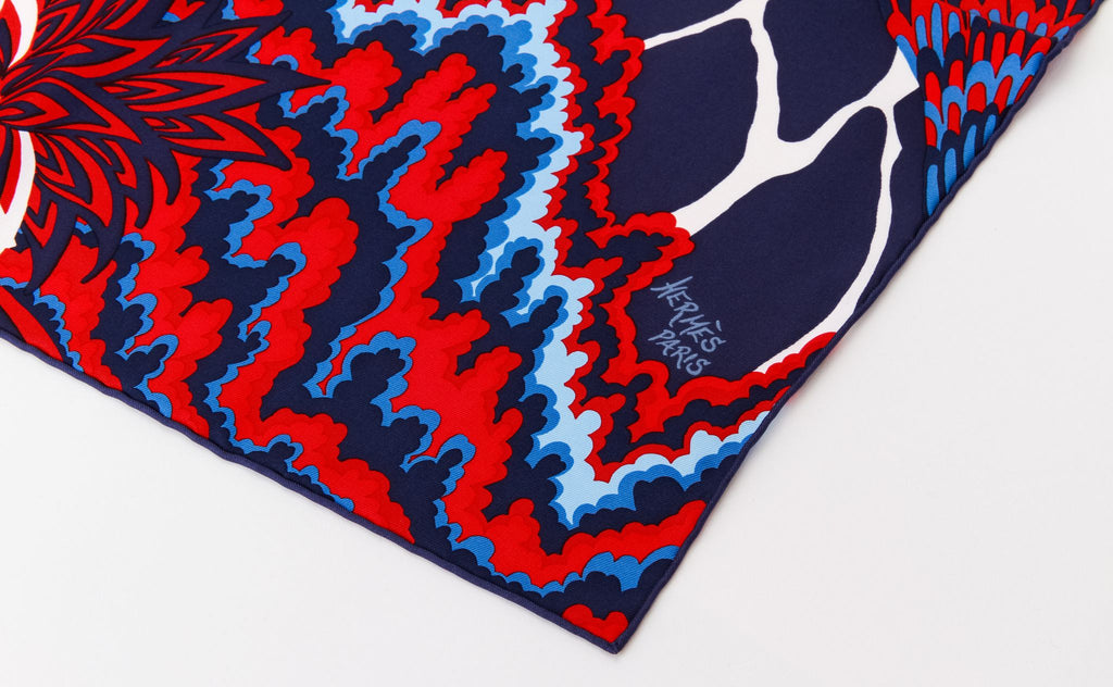 Hermès New Blue Red Giraffes Silk Scarf