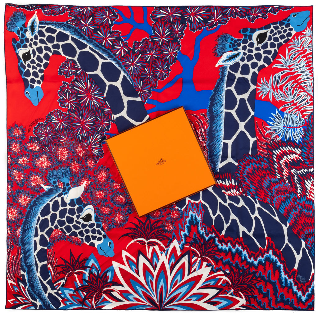 Hermès New Blue Red Giraffes Silk Scarf