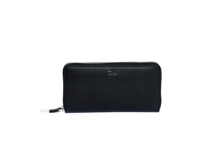 Dior New Black Leather Zip Around Wallet