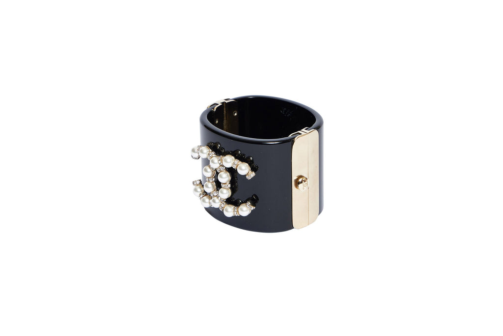 Chanel Black Cuff Pearl Logo Bracelet