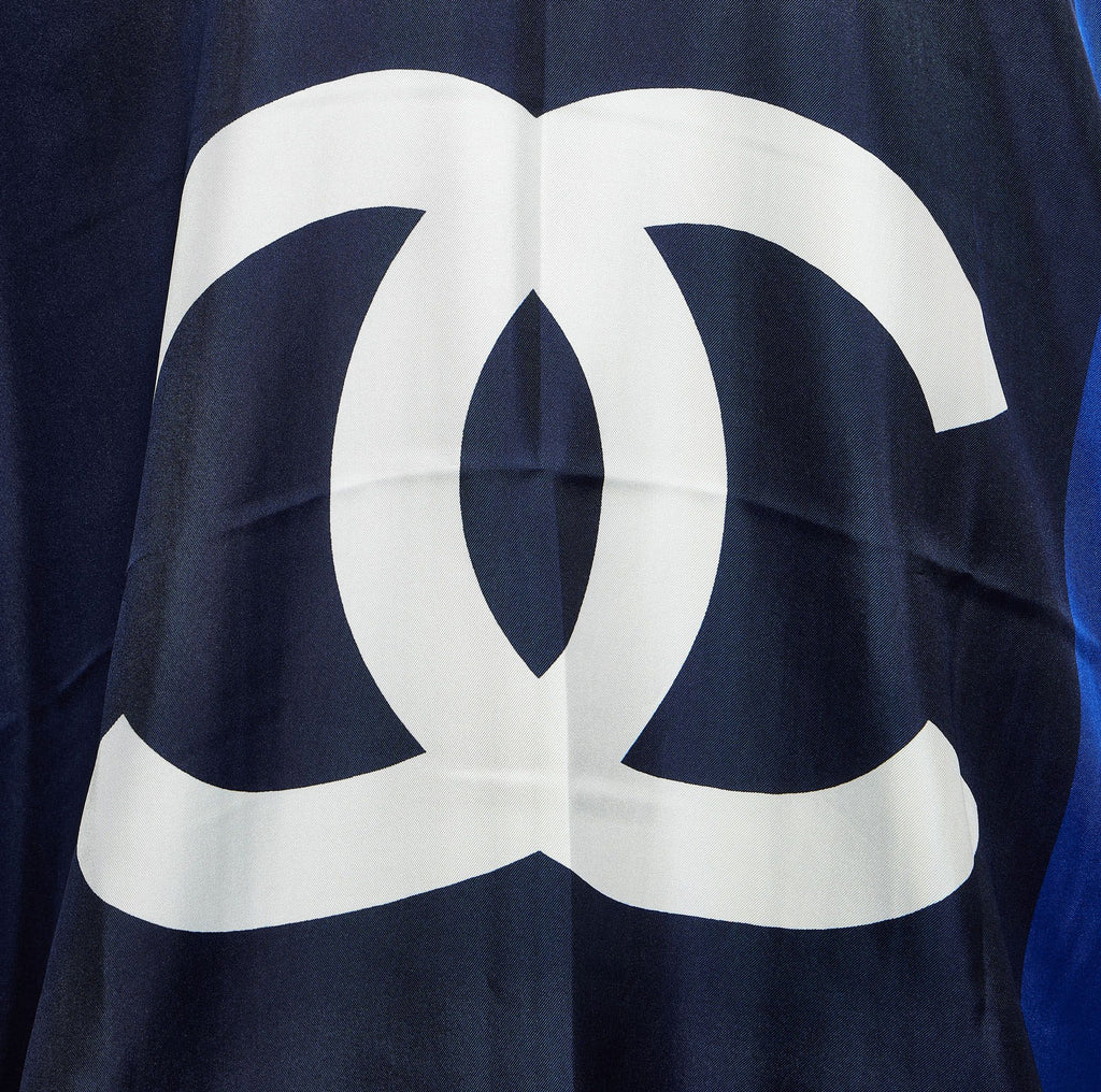 Chanel New Silk Blue Shawl White CC logo