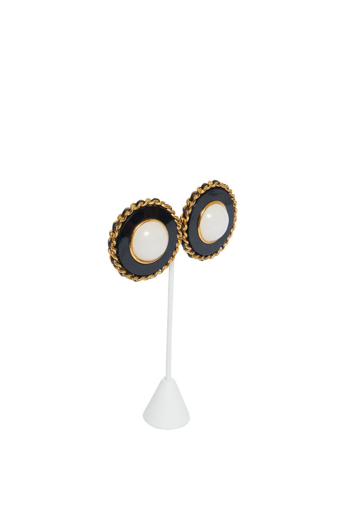 Chanel Black Enamel/White Glass Earrings