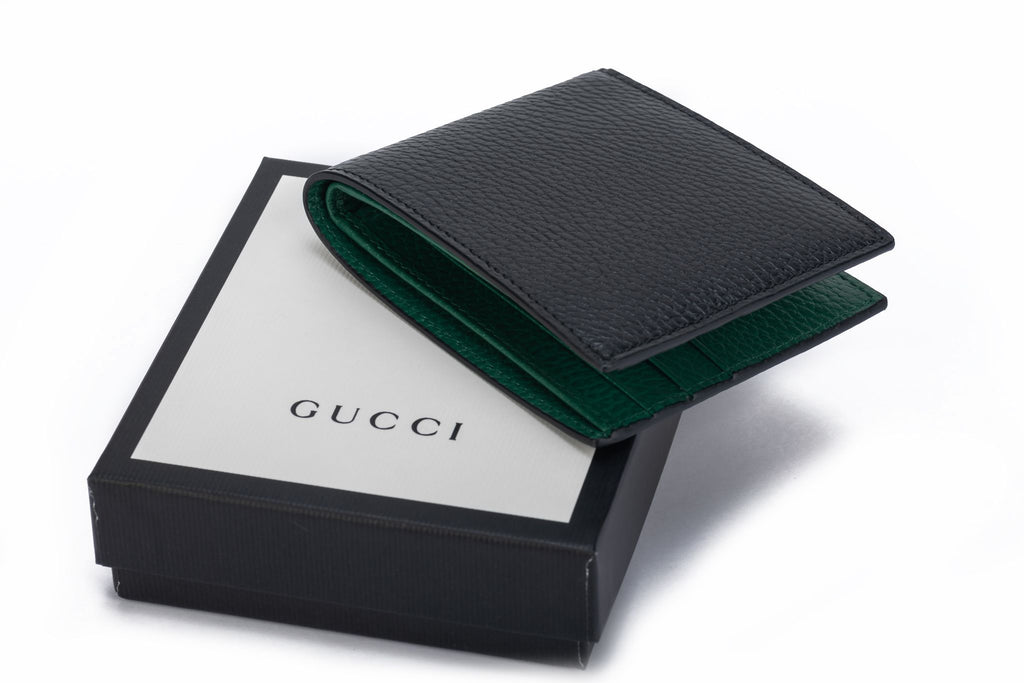 Gucci NIB Black Green Bifold Wallet